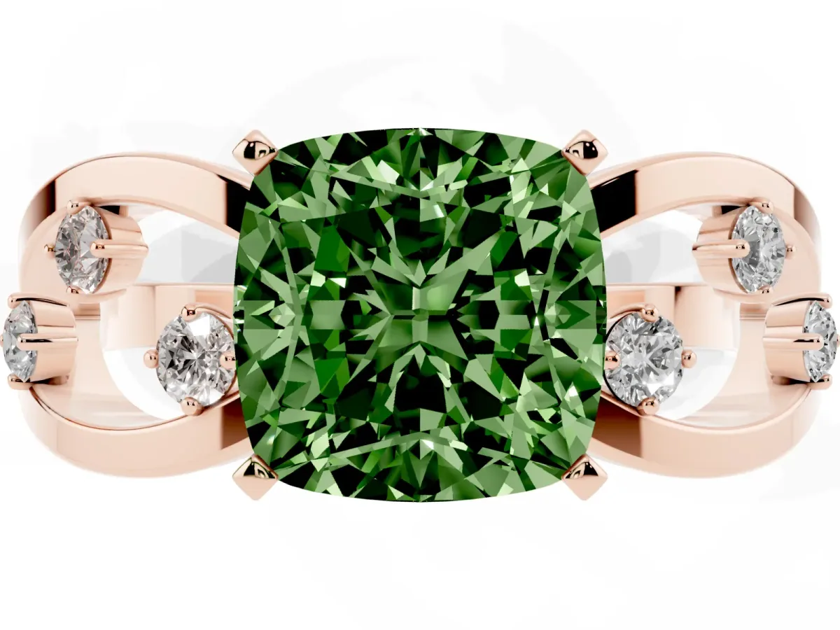 Fancy Green Cushion Cut Cut Solitaire Diamond with Side Stones on Criss-Cross Band and Four-Prong Setting Rose gold
