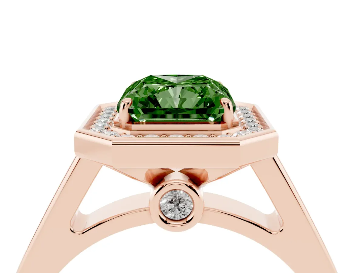 Fancy Green Radiant Cut Halo Solitaire Diamond Ring with Pave Band and Bezel Setting Rose gold
