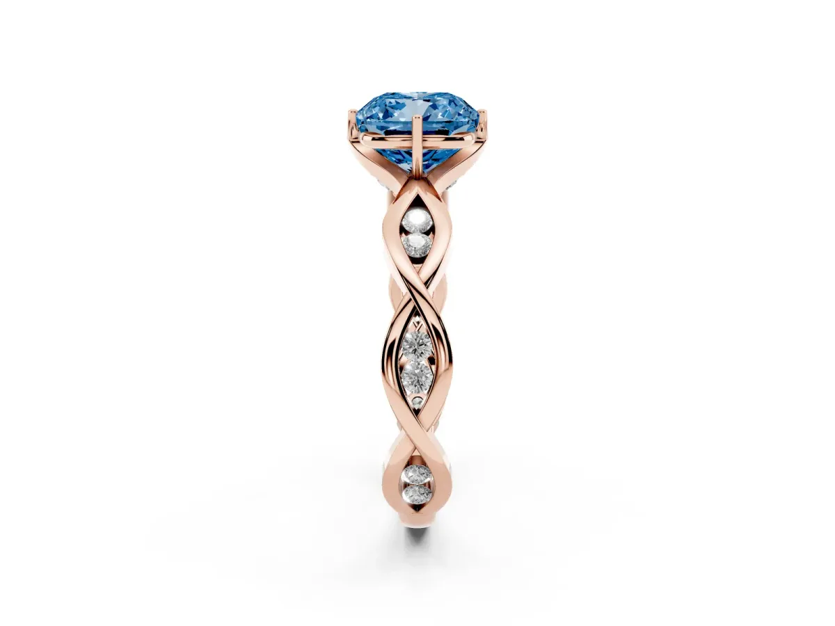 Fancy Blue Cushion Cut Solitaire Twist Band with Leaf Prong Setting Rose gold