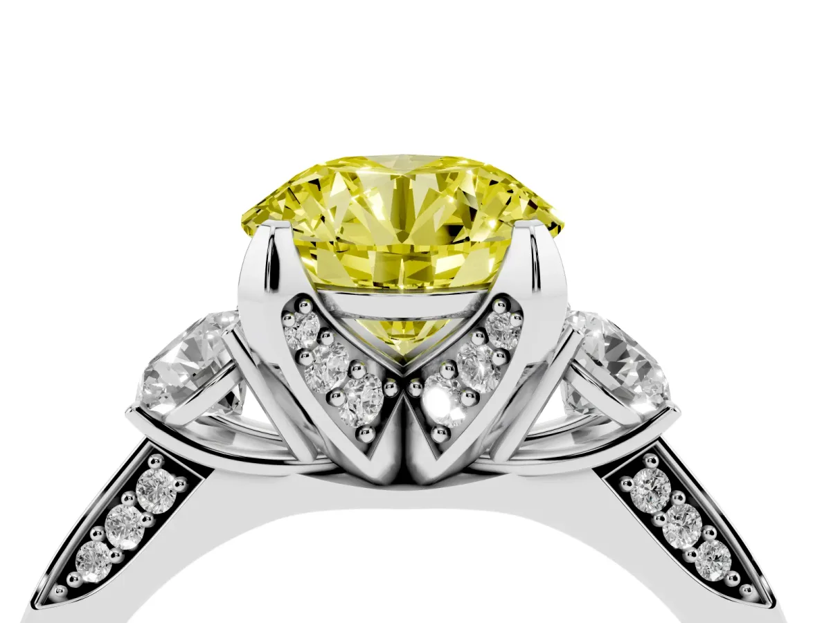 Fancy Yellow Round Cut Brilliant Three-Stone Diamond Ring with Pavé Band and Four-Prong Setting Platinum