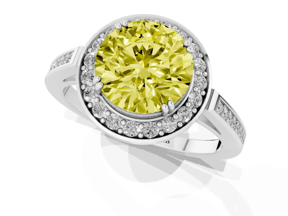 Fancy Yellow Round Cut Diamond Halo Ring with Split Shank and Four-Prong Setting Silver