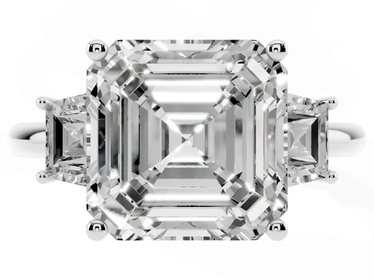 Asscher Cut Diamond Three-Stone Ring with Trapezoid Side Stones and Prong Setting Silver