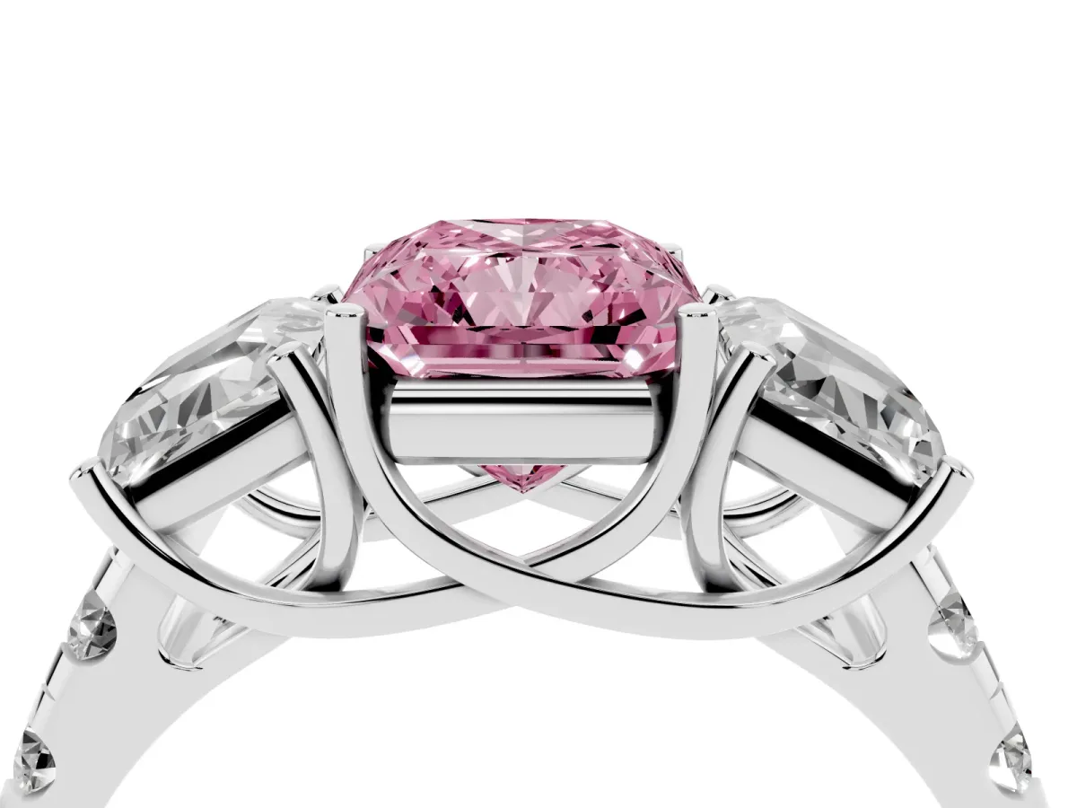 Fancy Pink Three-Stone Radiant Cut Diamond Pavé Band with Prong Setting Silver