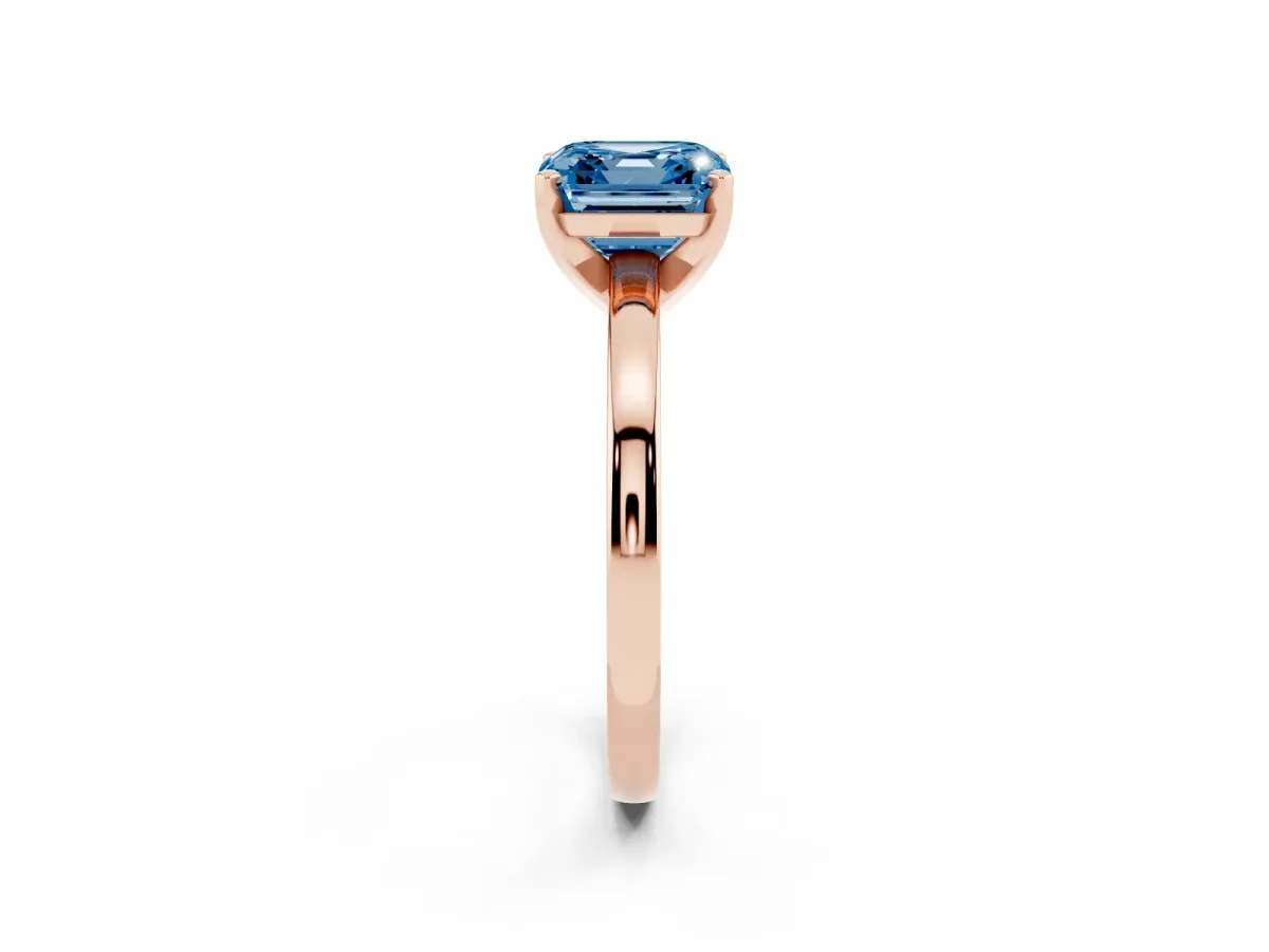 Fancy Blue Asscher Cut Solitaire Diamond Engagement Ring with Four-Prong Setting on a Classic Band Rose gold