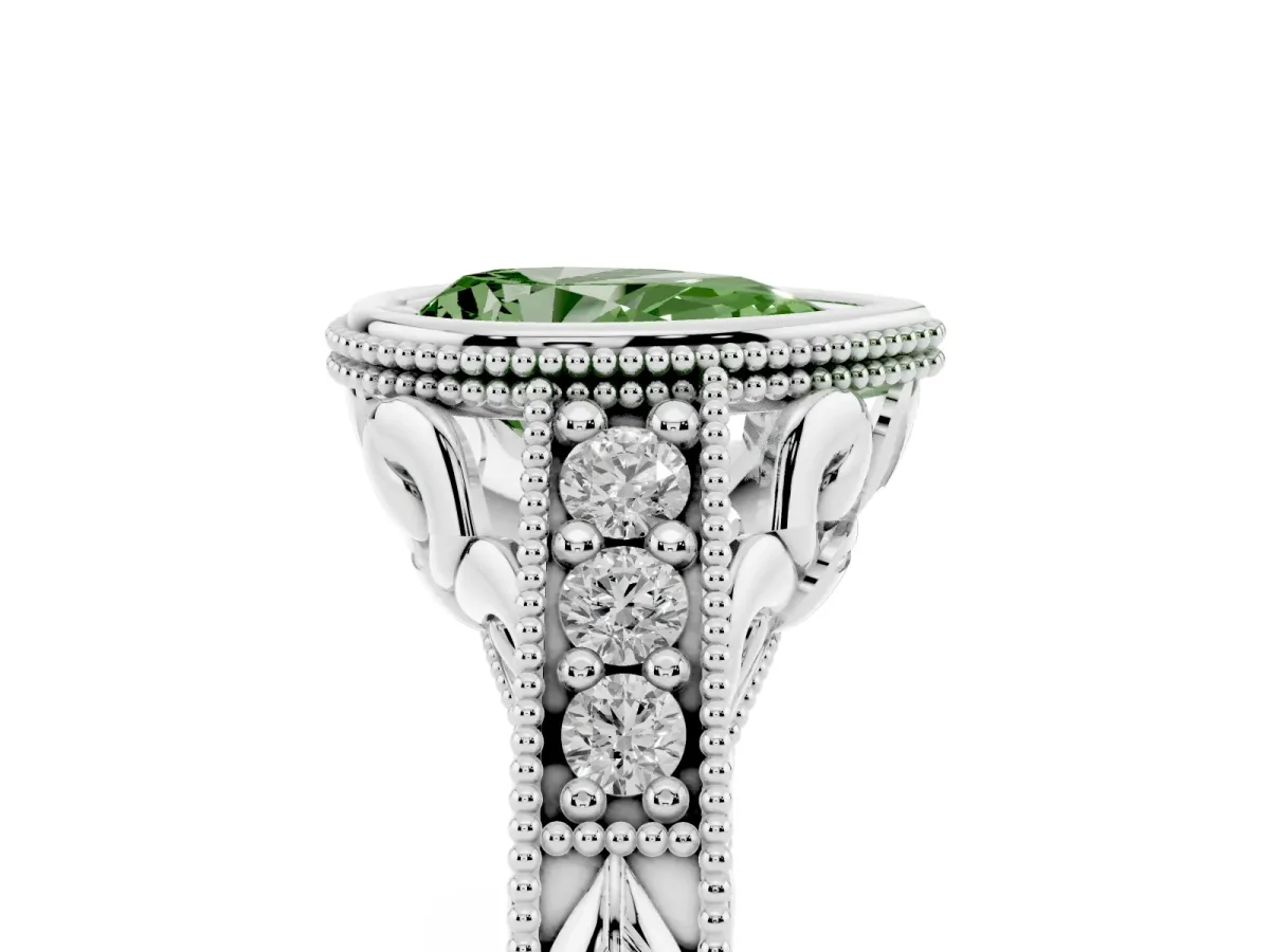 Fancy Green Bezel Set Pear Cut Diamond Milgrain Pave Engagement Ring Platinum