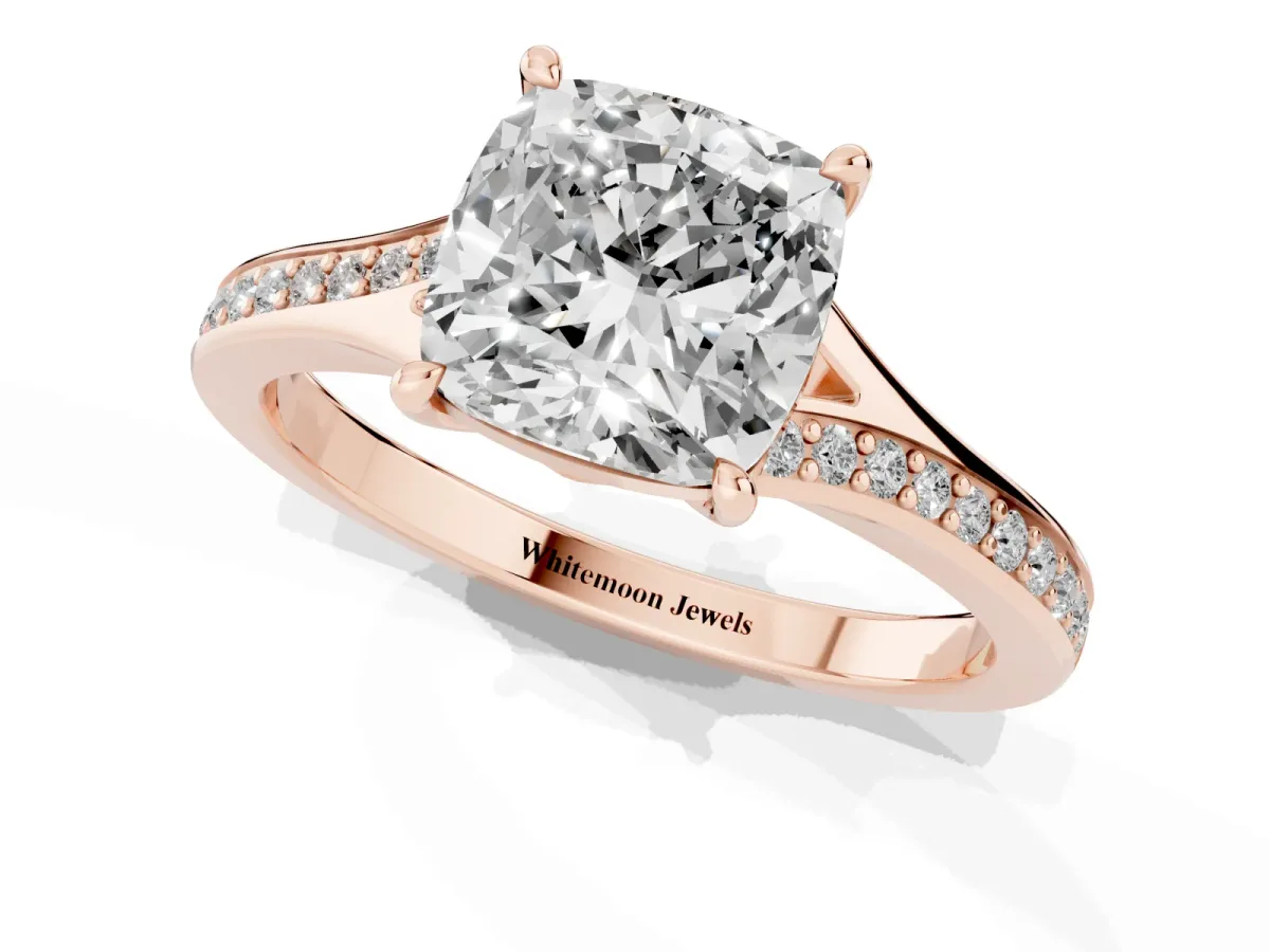 Cushion Cut Diamond Solitaire Ring with Pavé Band and Prong Setting Rose gold