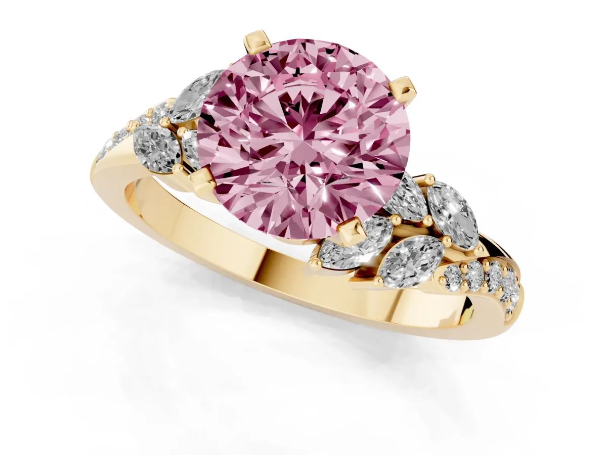 Fancy Pink Round Cut Solitaire Marquise Twist Band with Six-Prong Setting Yellow gold