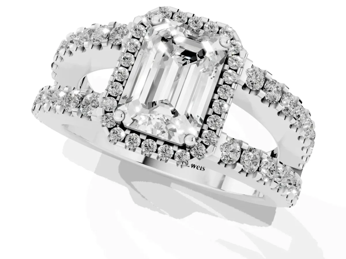 Emerald Cut Cut Halo Split Shank Diamond Ring with Four-Prong Setting Platinum