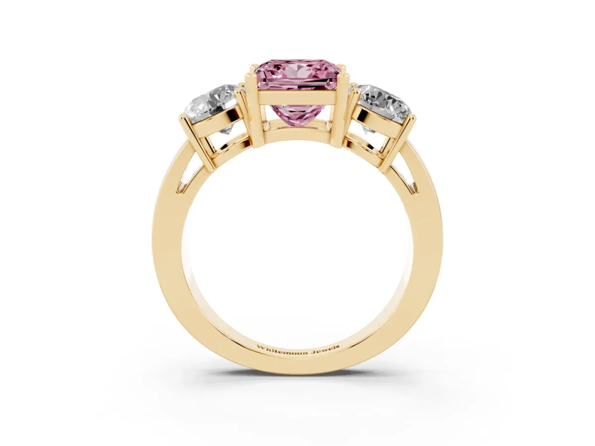 Fancy Pink Three-Stone Princess Cut Diamond Ring with Round Side Stones, Classic Band, and Four-Prong Setting Yellow gold