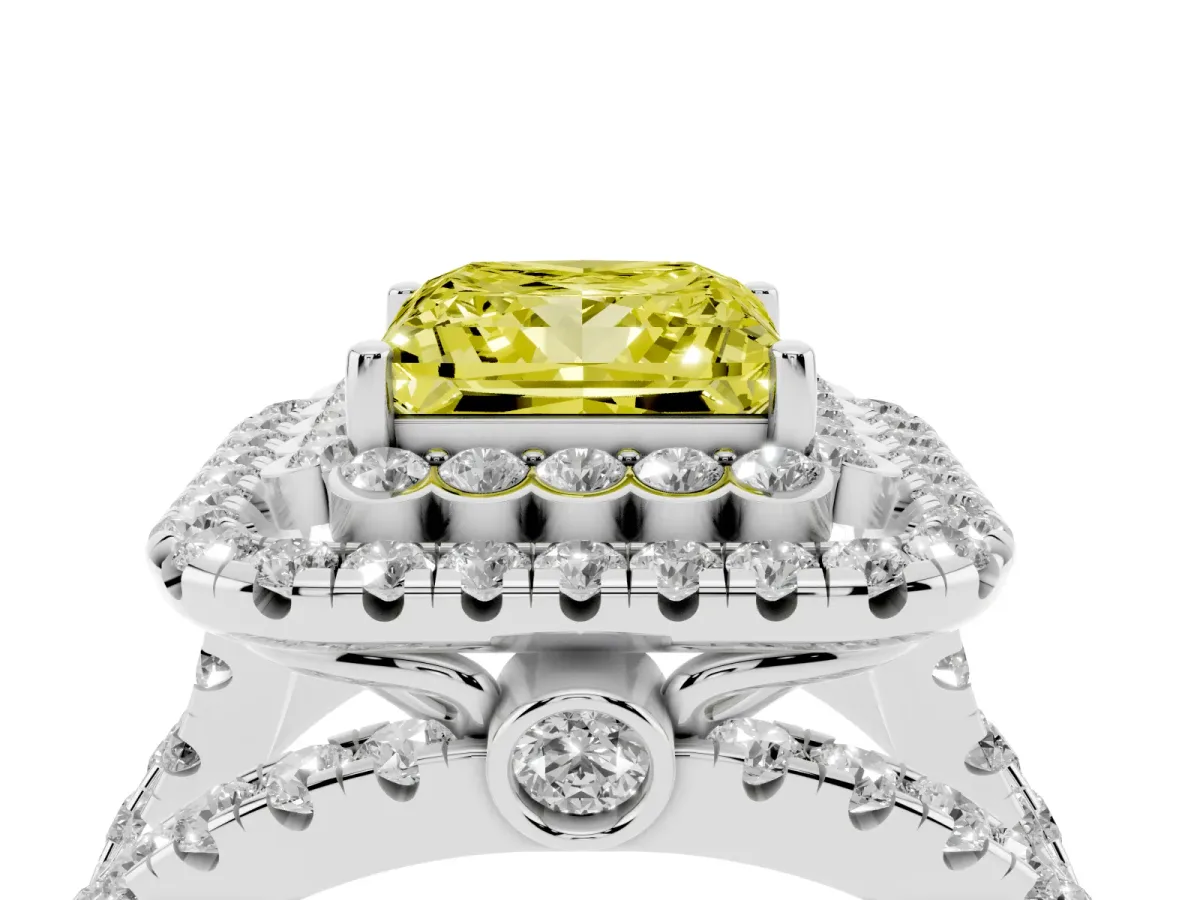 Fancy Yellow Princess Cut Diamond Double Halo Ring with Round Pavé Split Shank and Prong Setting Silver
