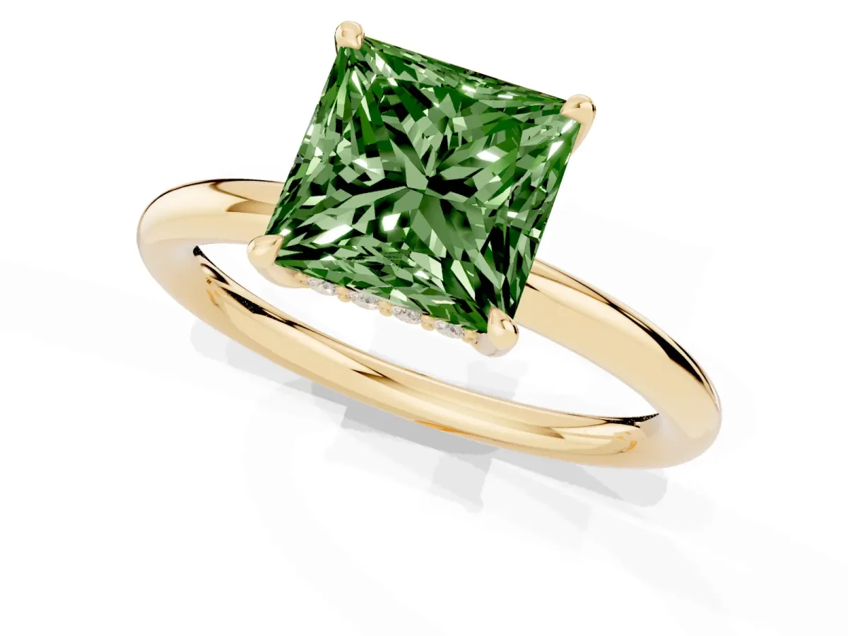 Fancy Green Princess Cut Diamond Solitaire Ring with Thin Band and Four-Prong Setting Yellow gold