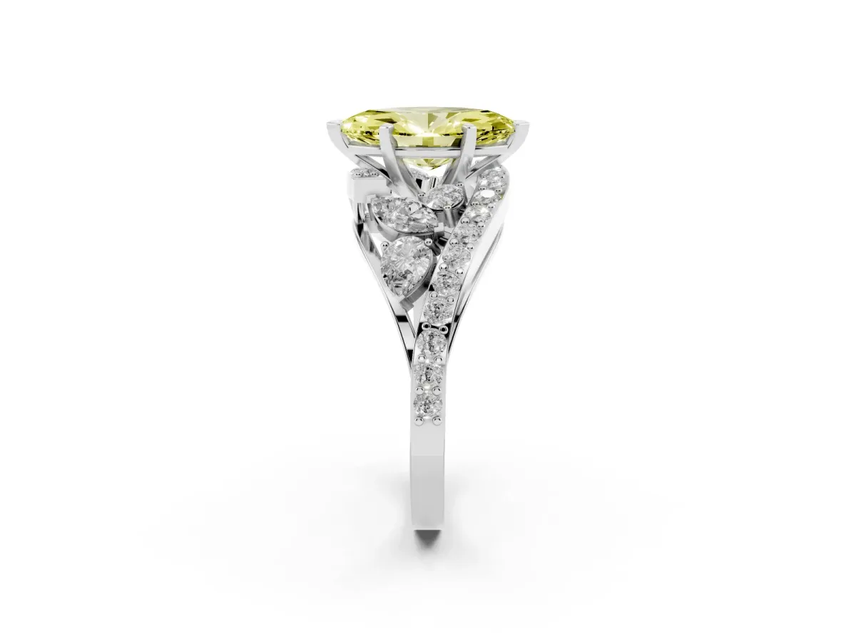 Fancy Yellow Marquise Cut Diamond Halo Ring with Marquise and Pavé Band in Prong Setting Platinum