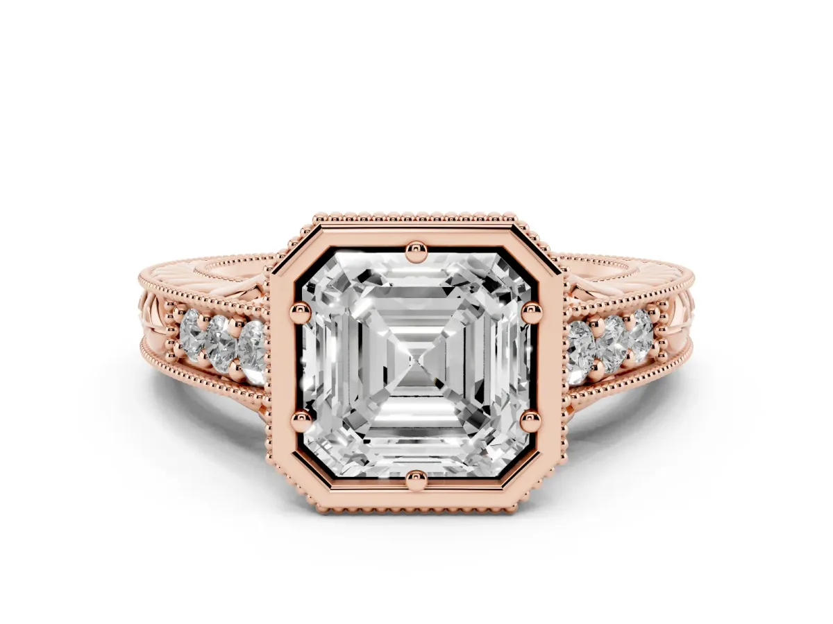 Bezel Set Asscher Cut Diamond Milgrain Pave Engagement Ring Rose gold