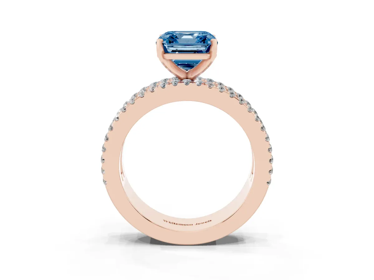 Fancy Blue Asscher Cut Diamond Solitaire Ring with Pavé and Channel Set Band Rose gold