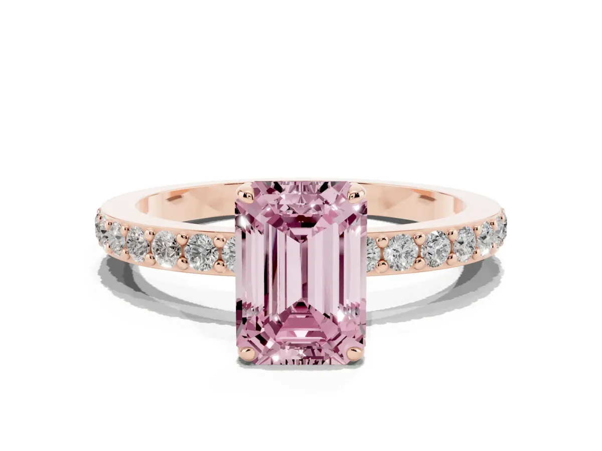 Fancy Pink Emerald Cut Diamond Pavé Engagement Ring with Round Accents and Prong Setting Rose gold