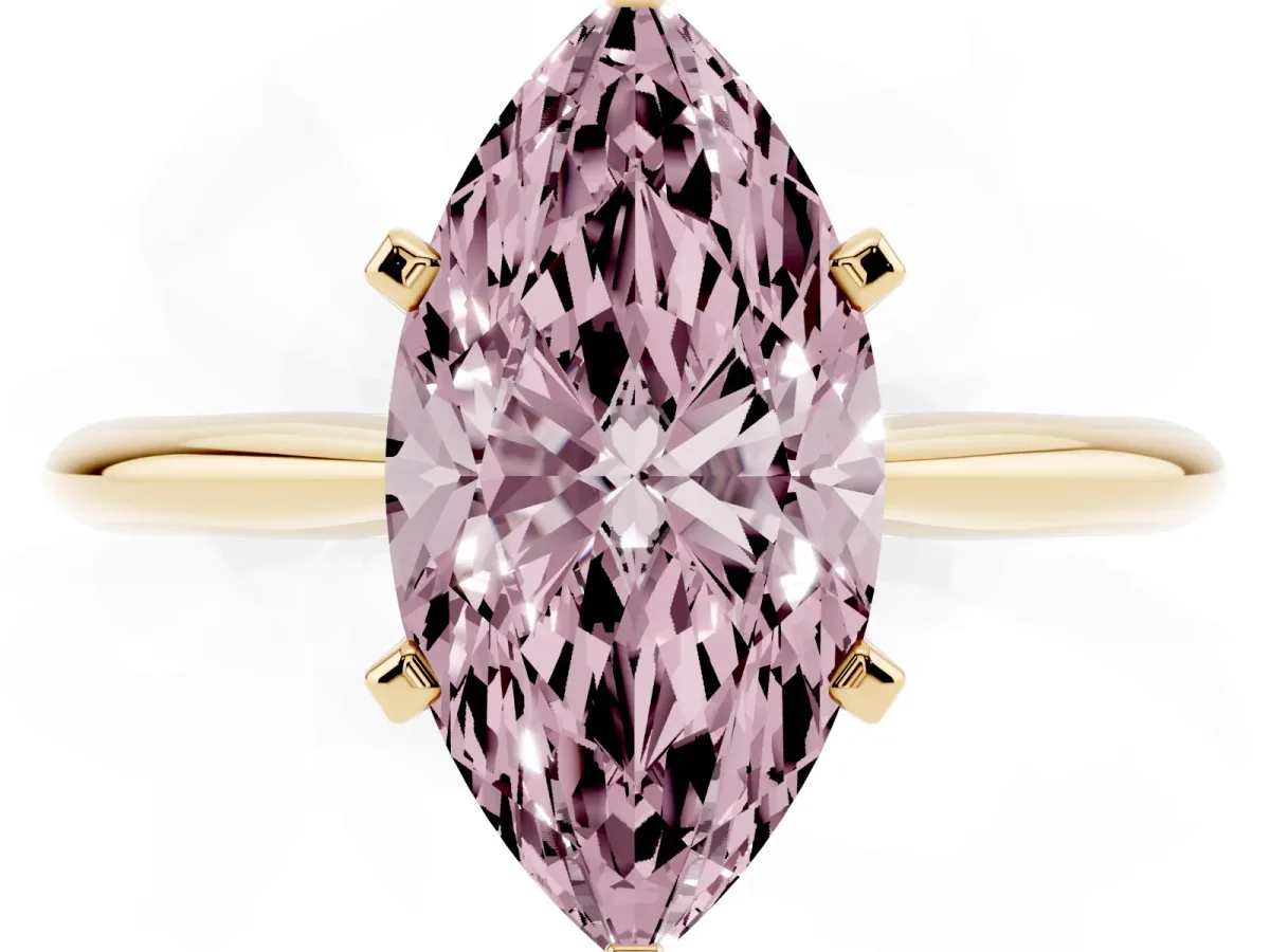 Fancy Pink Marquise Cut Cut Solitaire Ring with Four-Prong Setting on a Classic Band Yellow gold
