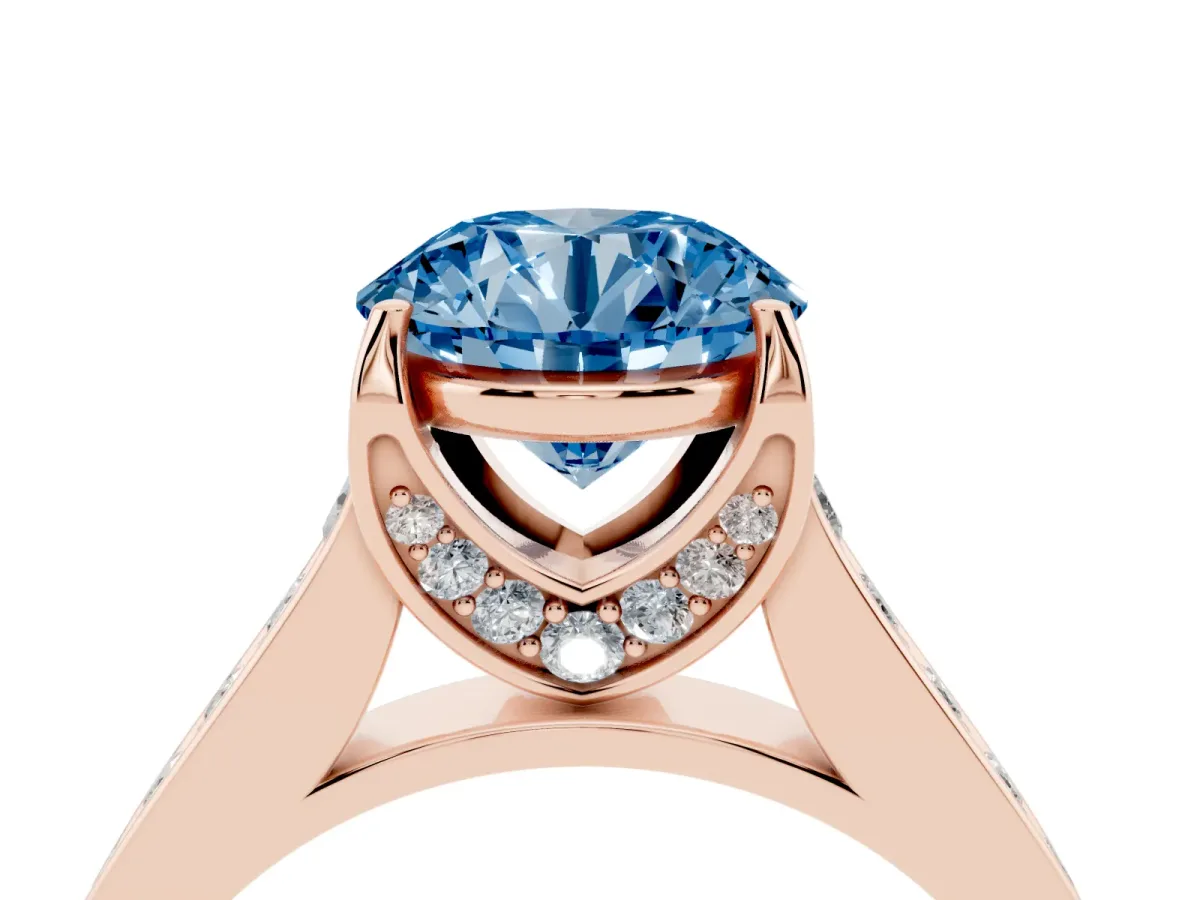 Fancy Blue Round Cut Brilliant Cut Diamond Engagement Ring with Pavé Band and Four-Prong Setting Rose gold