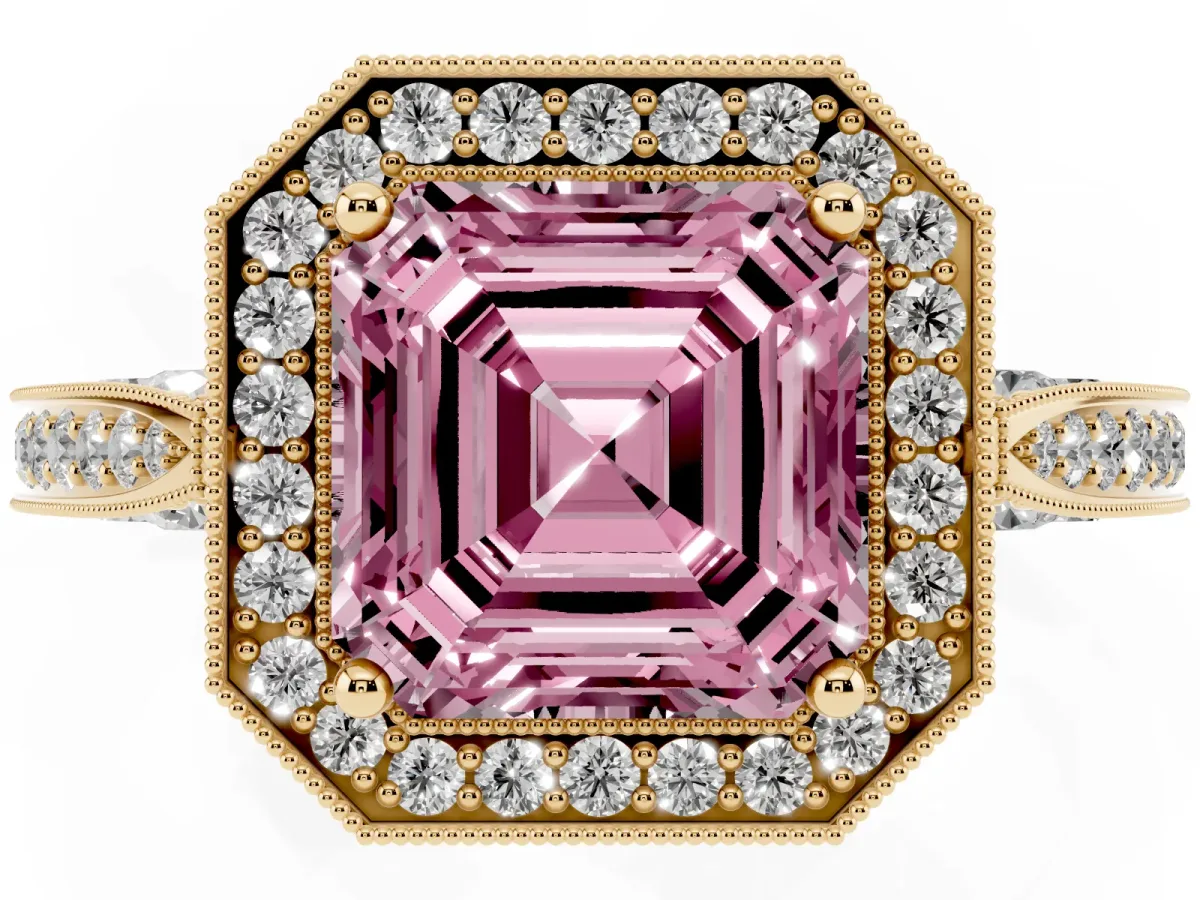 Fancy Pink Asscher Cut Halo Diamond Engagement Ring with Split Shank Band and Four-Prong Setting Yellow gold