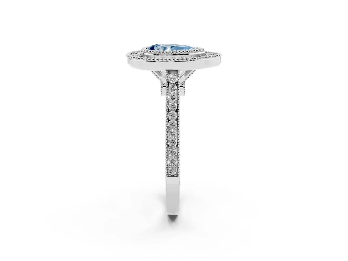 Fancy Blue Pear Cut Diamond Halo Ring with Milgrain Frame and Pavé Band Silver
