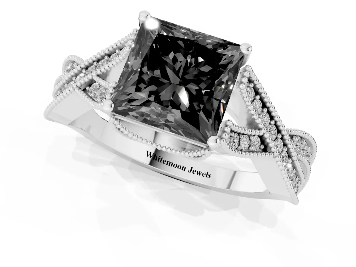 Fancy Black Princess Cut Cut Diamond Twisted Band with Milgrain Pave Setting and Four-Prong Setting Silver