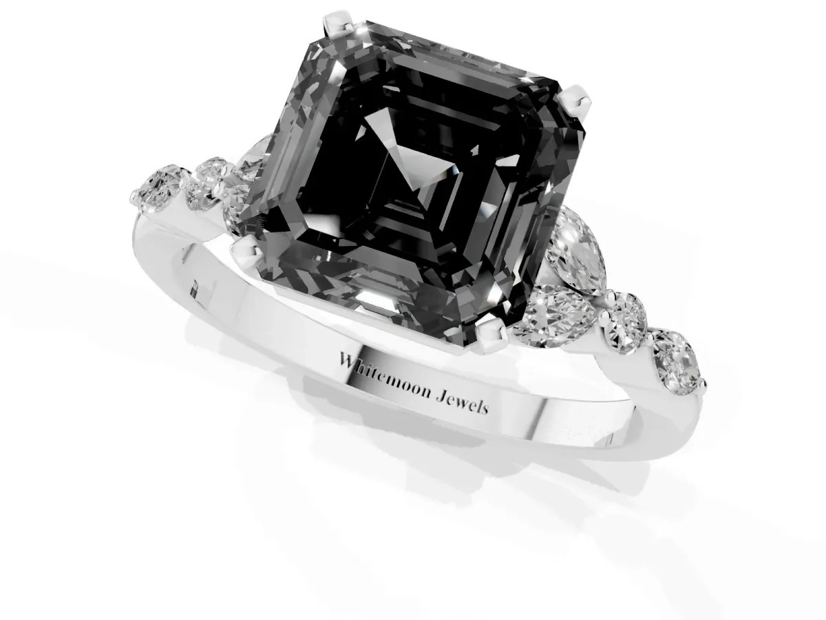 Fancy Black Asscher Cut Diamond Solitaire Ring with Side Stones and Four-Prong Setting White gold