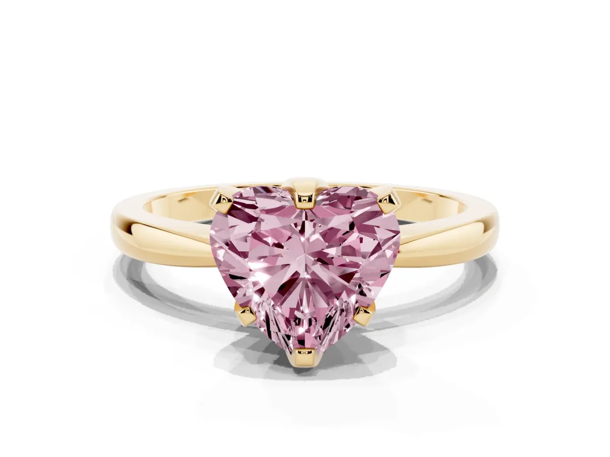 Fancy Pink Heart Cut Solitaire Engagement Ring with Six-Prong Setting and Tapered Band Yellow gold