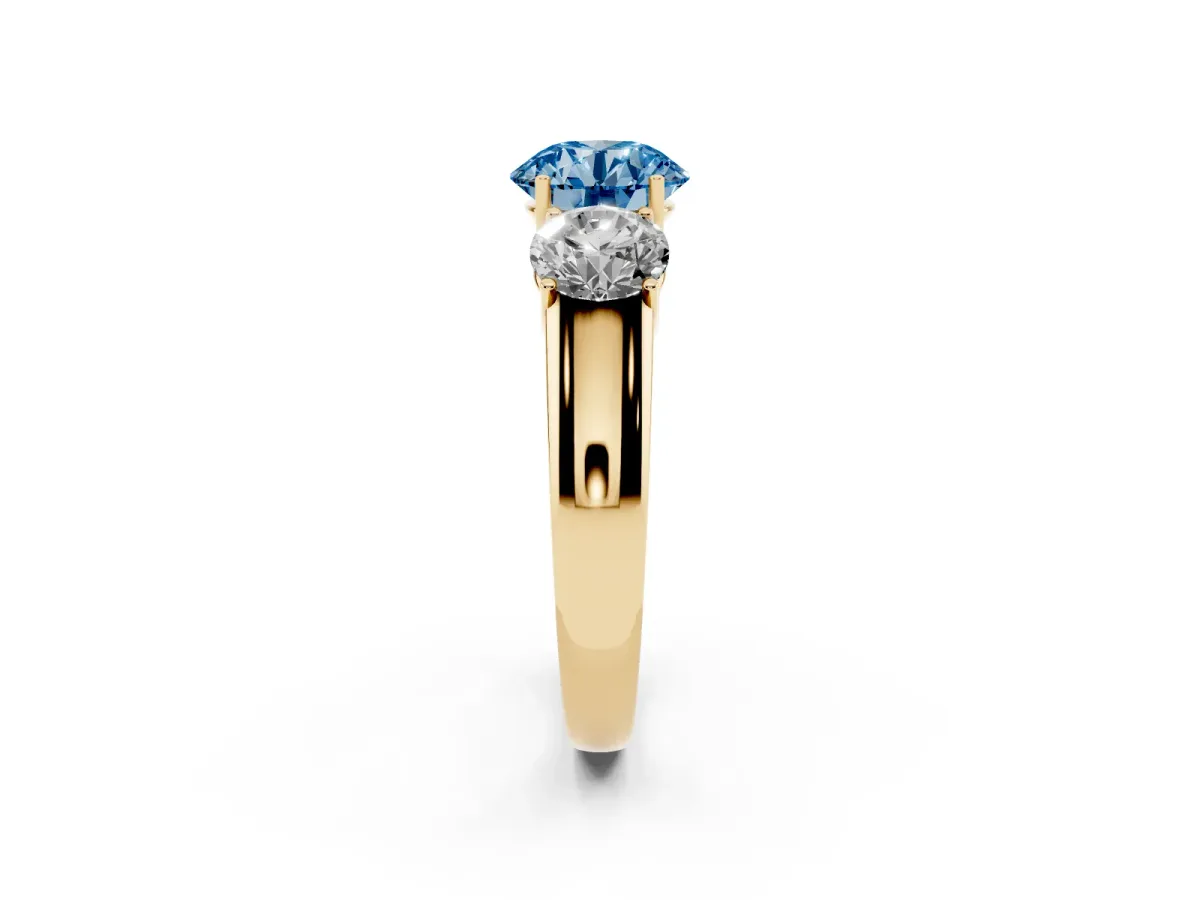 Fancy Blue Three-Stone Round Cut Cut Diamond Ring with Prong Setting and Classic Band Yellow gold