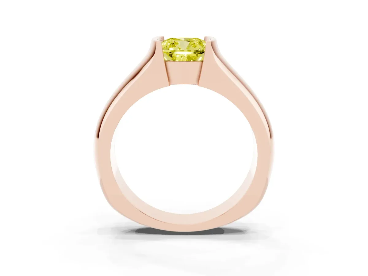 Fancy Yellow Cushion Cut Solitaire Bezel Set Diamond Ring with Wide Band Rose gold