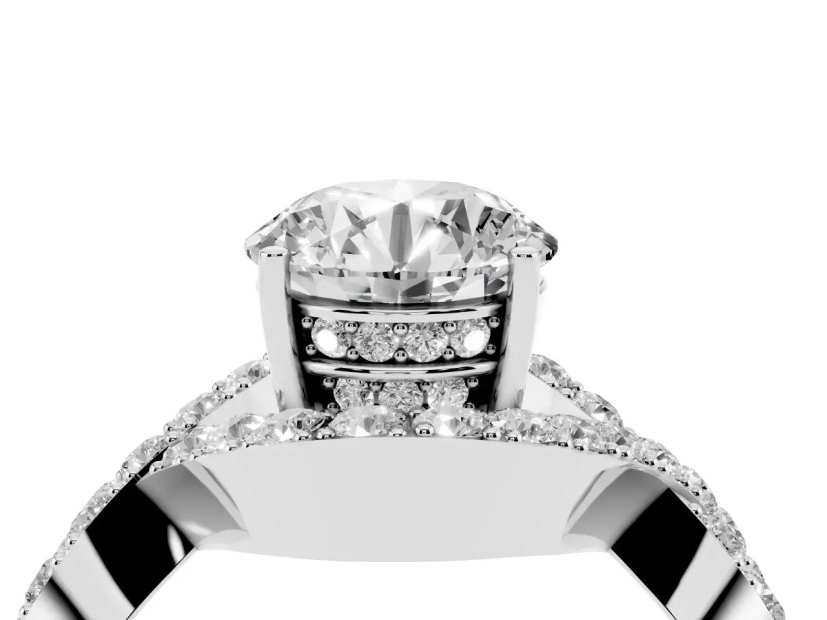 Round Cut Solitaire Twist Band Pavé Diamond Engagement Ring Silver