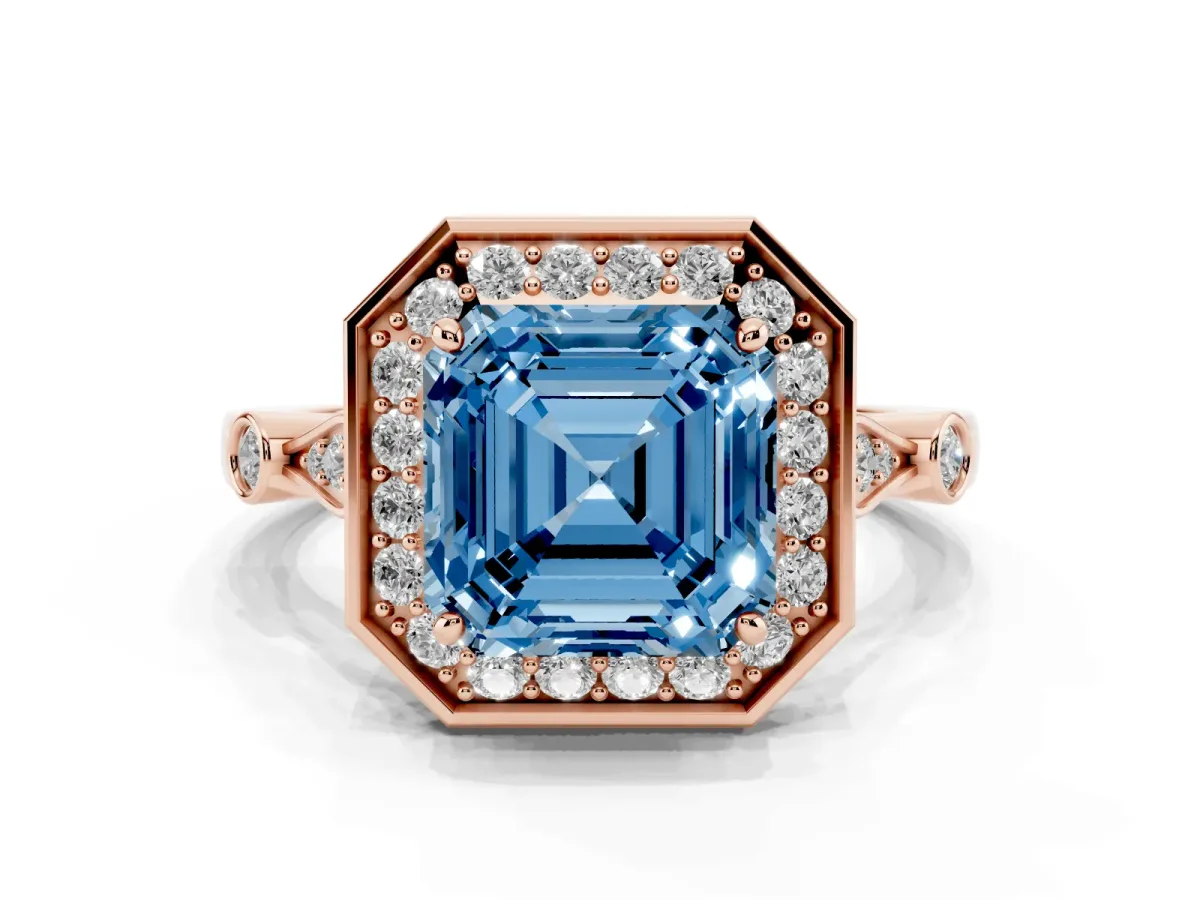 Fancy Blue Asscher Cut Halo Diamond Engagement Ring with Twisted Band and Four-Prong Setting Rose gold