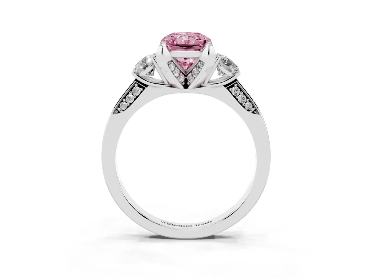 Fancy Pink Radiant Cut Brilliant Three-Stone Diamond Ring with Pavé Band and Four-Prong Setting White gold