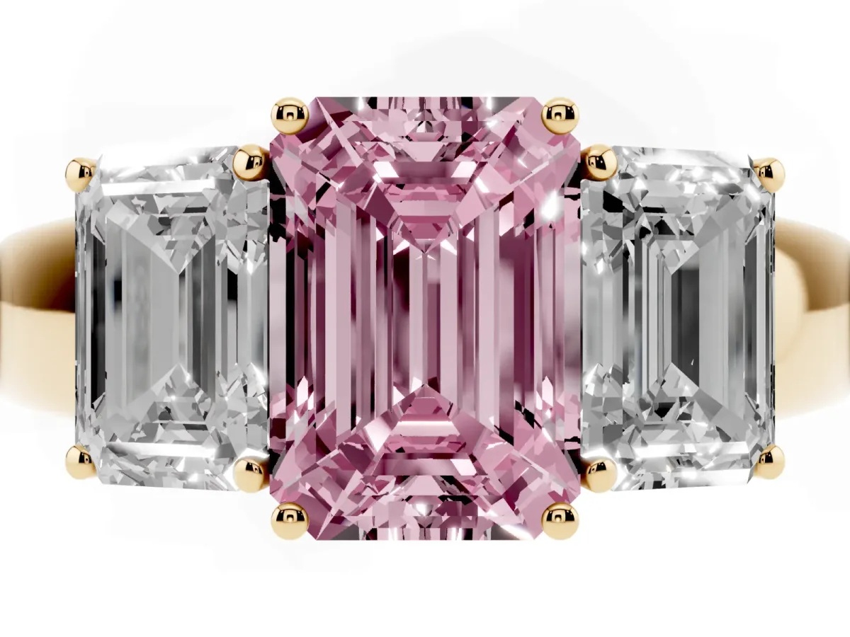 Fancy Pink Three-Stone Emerald Cut Cut Diamond Ring with Prong Setting and Classic Band Yellow gold