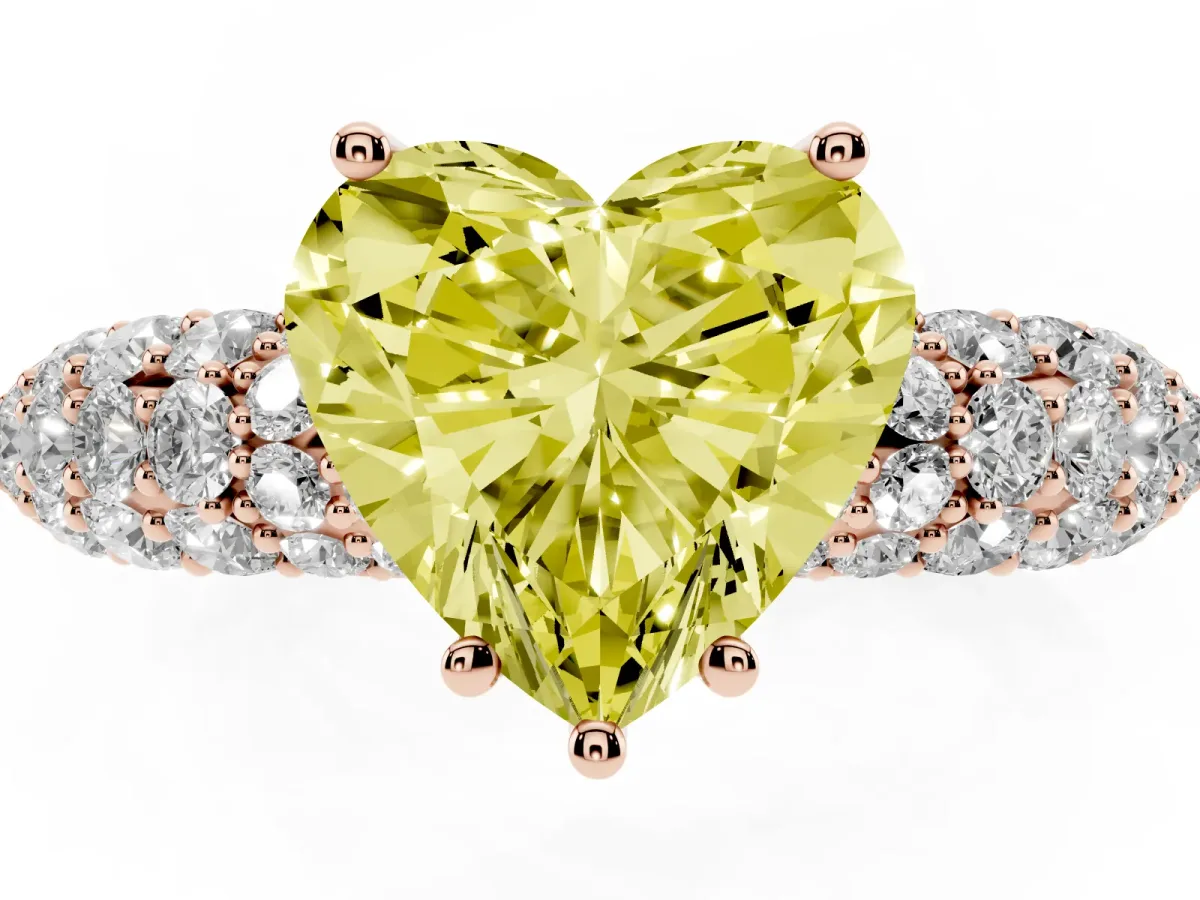 Fancy Yellow Heart Cut Diamond Pavé Band Solitaire Ring with Four-Prong Setting Rose gold