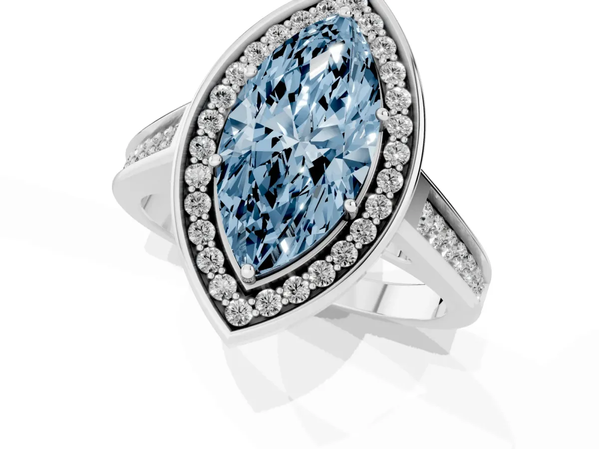 Fancy Blue Marquise Cut Halo Solitaire Diamond Ring with Pave Band and Bezel Setting Silver