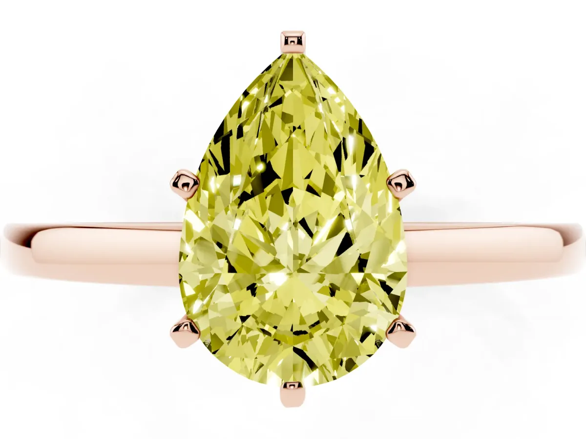 Fancy Yellow Pear Cut Solitaire Diamond Engagement Ring with Four-Prong Setting on a Classic Band Rose gold
