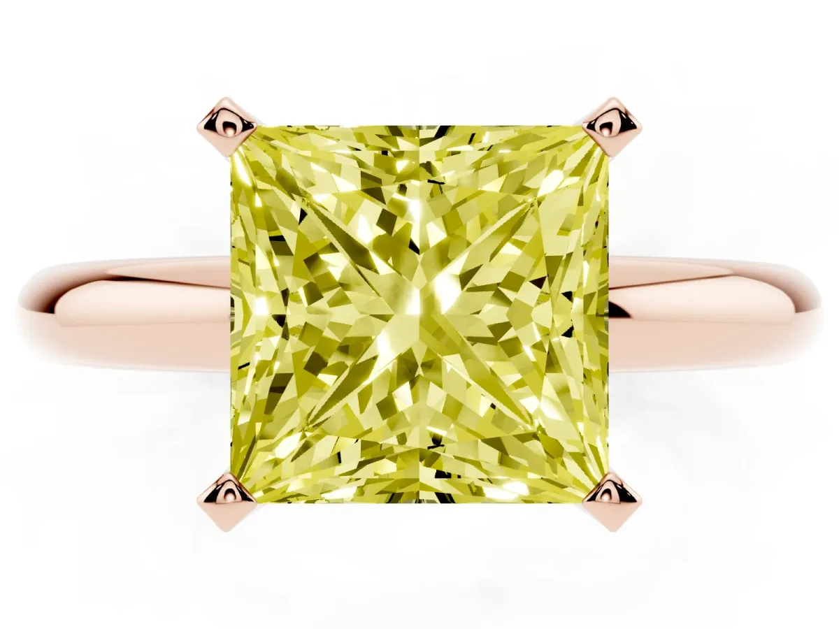 Fancy Yellow Princess Cut Diamond Solitaire Engagement Ring with Round Band and Four-Prong Setting Rose gold