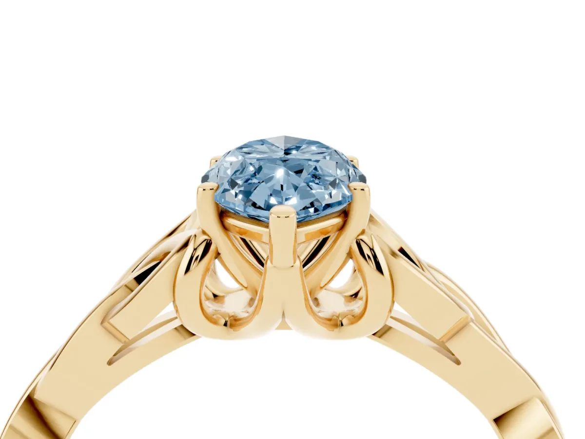 Fancy Blue Marquise Cut Diamond Solitaire Engagement Ring with Celtic Knot Band and Four-Prong Setting Yellow gold