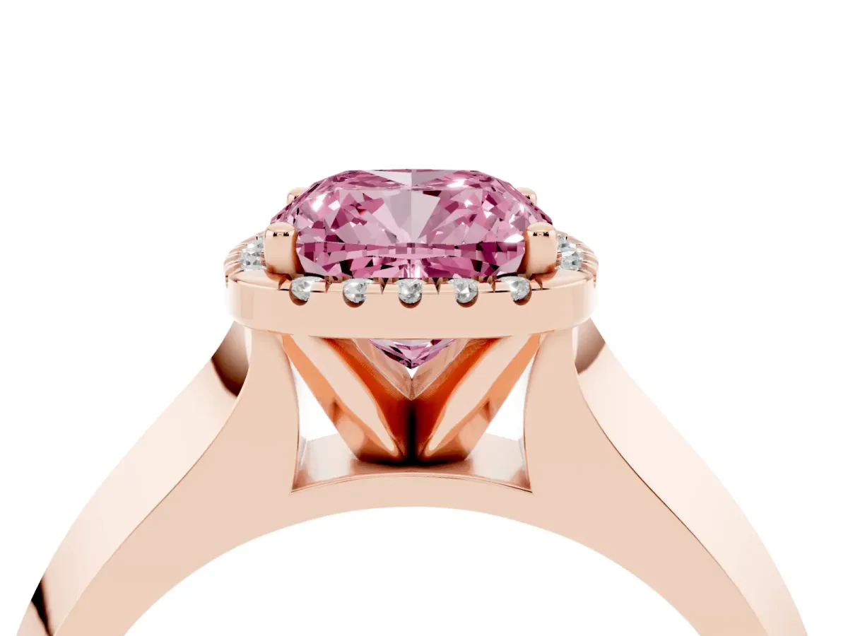 Fancy Pink Cushion Cut Halo Diamond Ring with Cathedral Band and Four-Prong Setting Rose gold