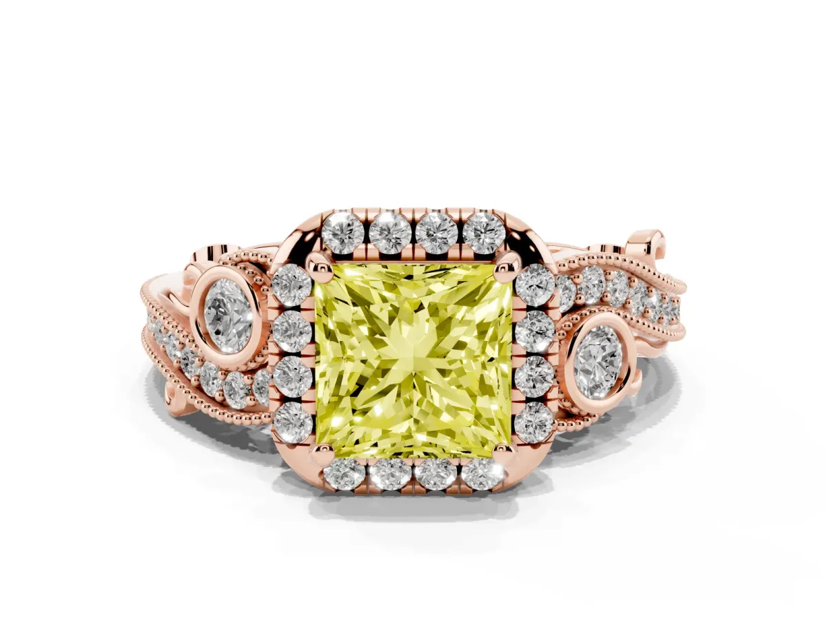 Fancy Yellow Princess Cut Diamond Halo Ring with Milgrain Pavé Band and Four-Prong Setting Rose gold