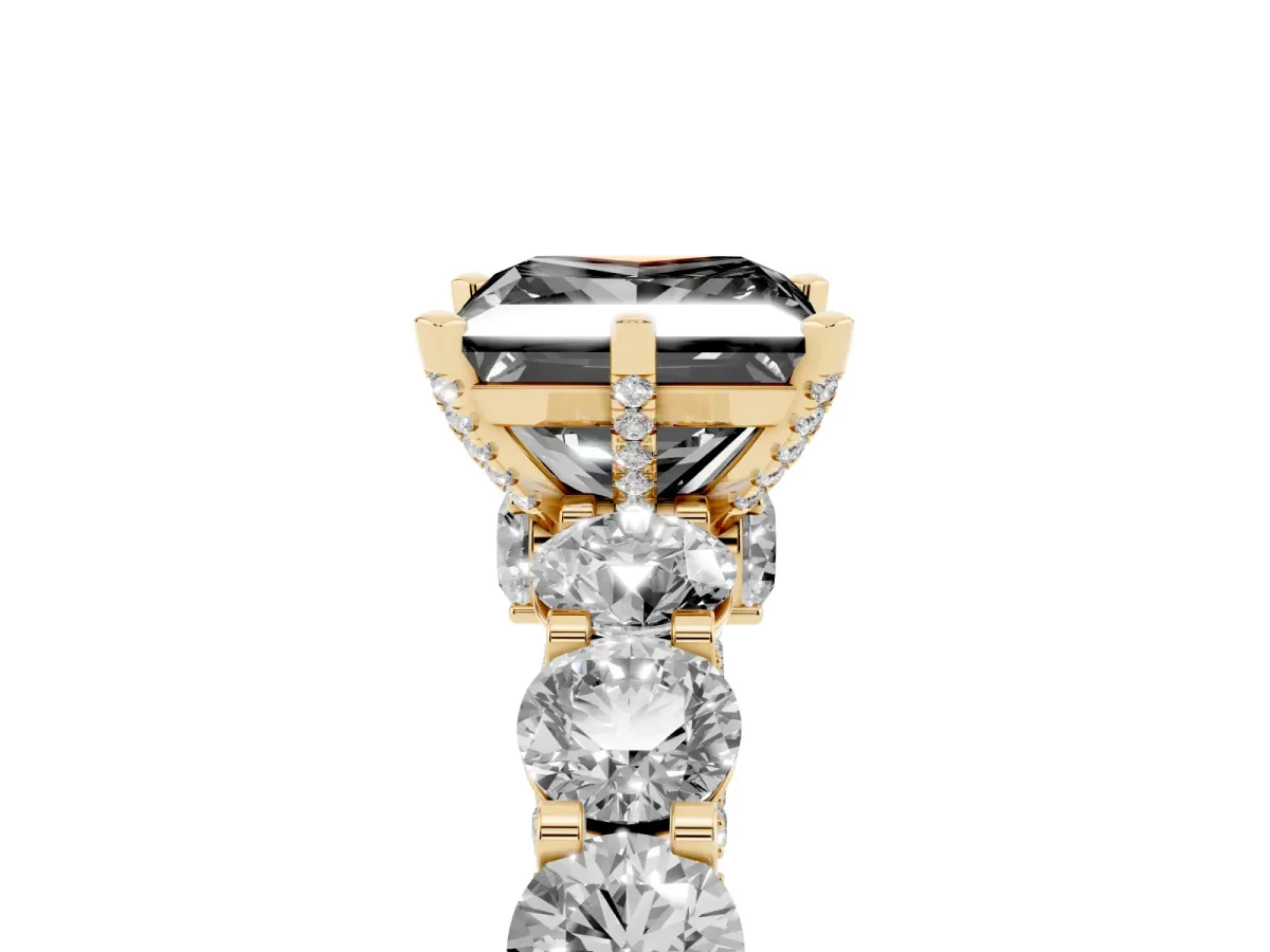 Fancy Black Princess Cut Diamond Side Stone Engagement Ring with Four-Prong Setting Yellow gold