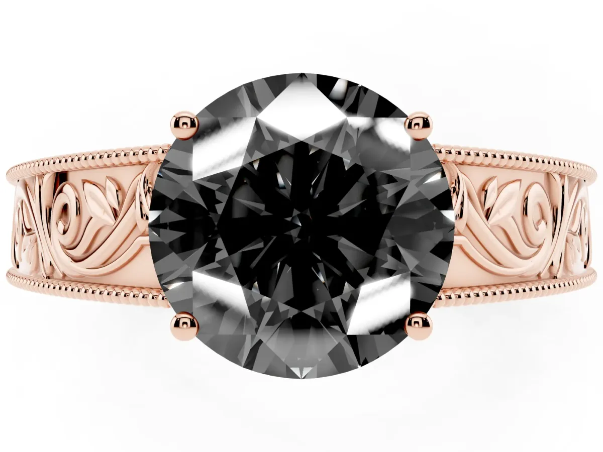 Fancy Black Round Cut Diamond Solitaire Ring with Engraved Band and Four-Prong Setting Rose gold