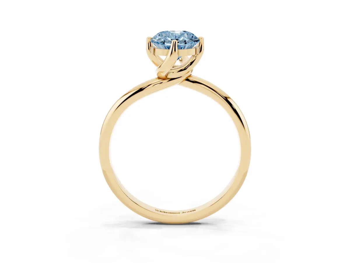 Fancy Blue Oval Cut Diamond Solitaire Engagement Ring with Four-Prong Setting and Classic Band Yellow gold