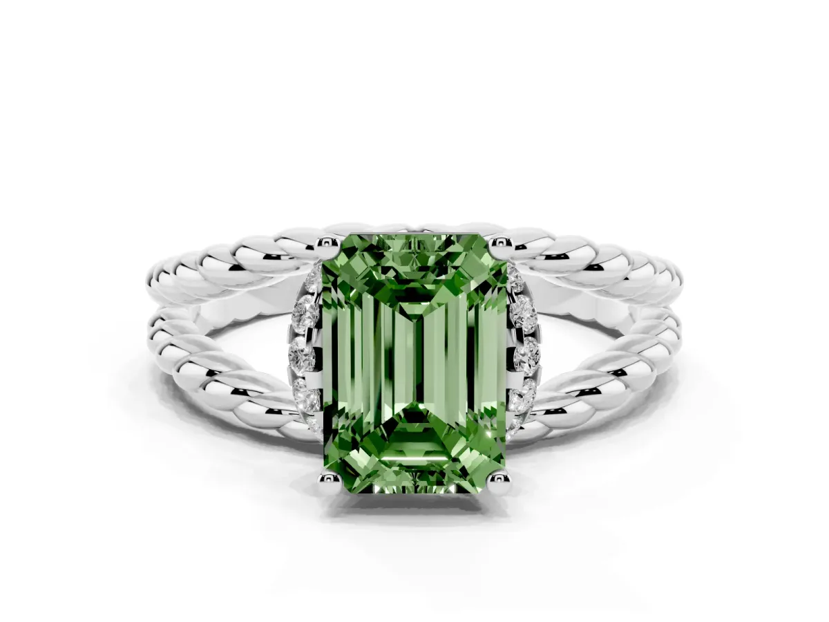 Fancy Green Emerald Cut Halo Twisted Band Four-Prong Ring Silver