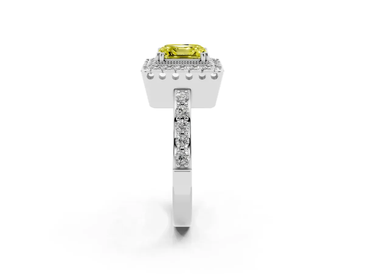 Fancy Yellow Asscher Cut Diamond Halo Ring with Pavé Band and Prong Setting Platinum