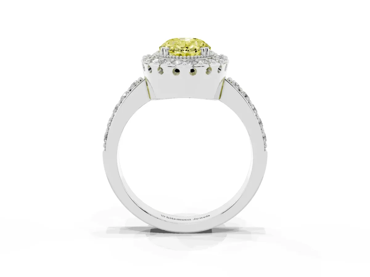 Fancy Yellow Oval Cut Diamond Halo Ring with Pavé Band and Prong Setting Silver