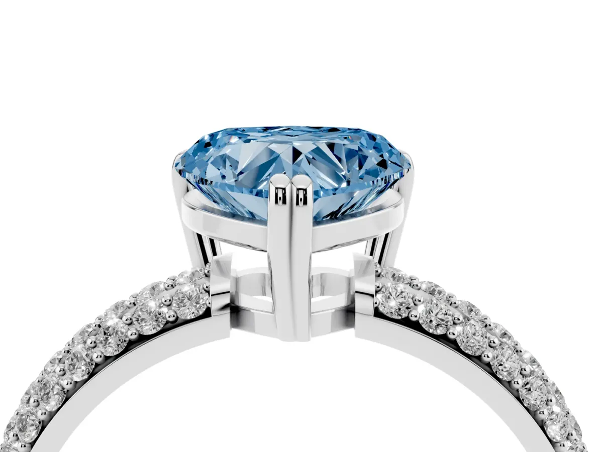 Fancy Blue Heart Cut Diamond Solitaire Ring with Multi-Row Round Pavé Band and Prong Setting Silver