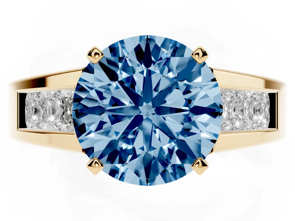 Fancy Blue Round Cut Cut Channel Set Solitaire Ring with Four-Prong Setting Yellow gold