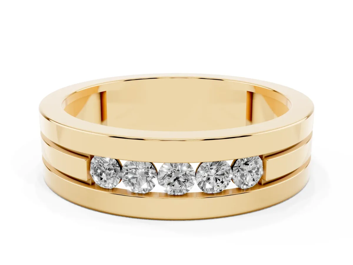 Round Diamond Five-Stone Channel Set Mens Band Yellow gold