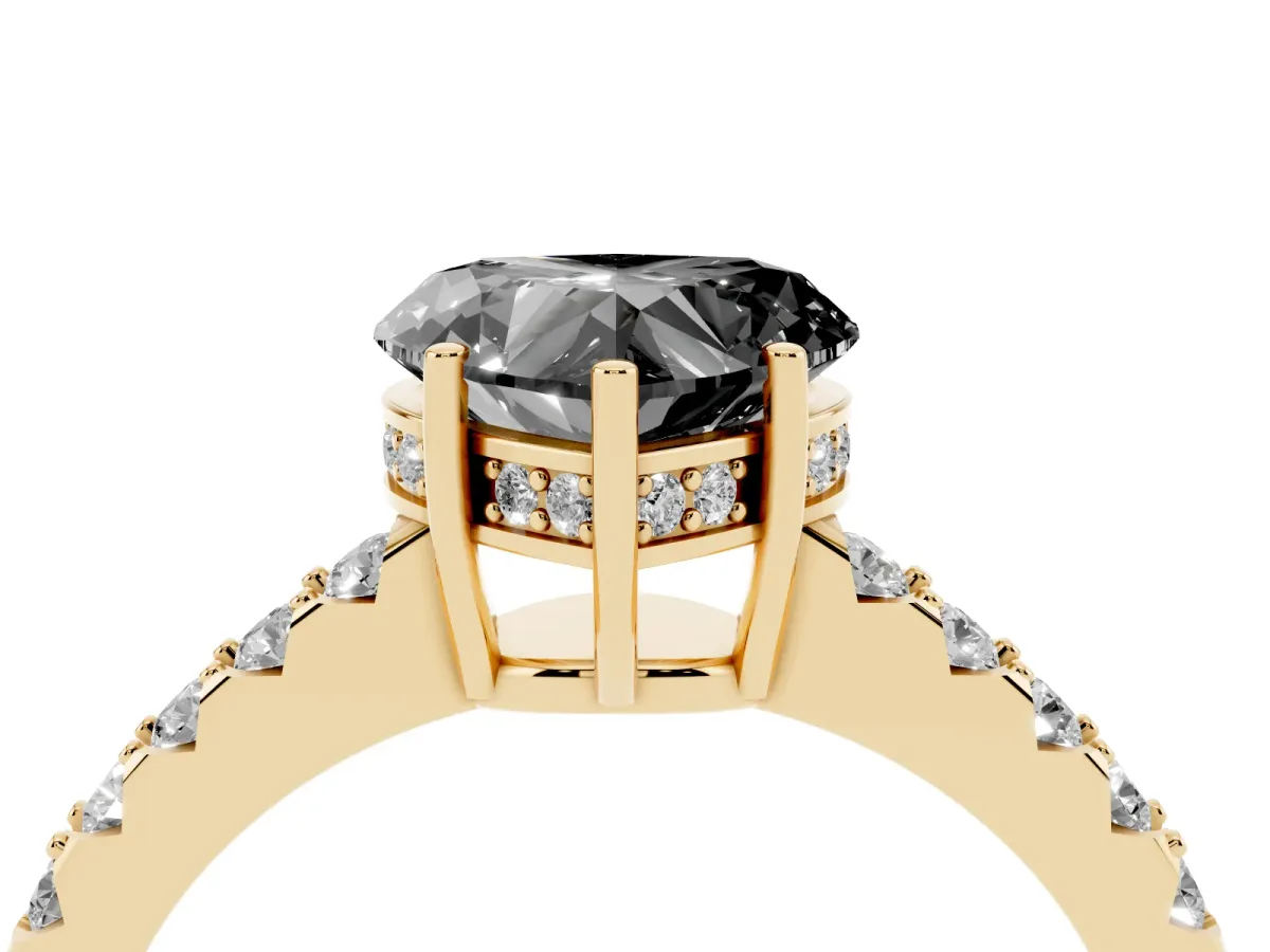 Fancy Black Heart Cut Solitaire Diamond Engagement Ring with Pavé Band and Six-Prong Setting Yellow gold
