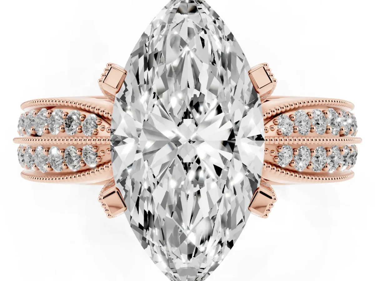 Marquise Cut Diamond Solitaire Ring with Milgrain Round Pavé Band and Prong Setting Rose gold